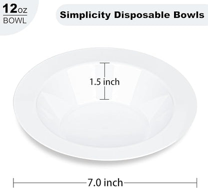 BESTVIP 100 Pack White Plastic Bowls, 12 oz Disposable Soup Bowls, Heavy-duty Dessert Salad Bowl for Christmas, Thanksgiving, Party, Wedding, Dinner, Catering