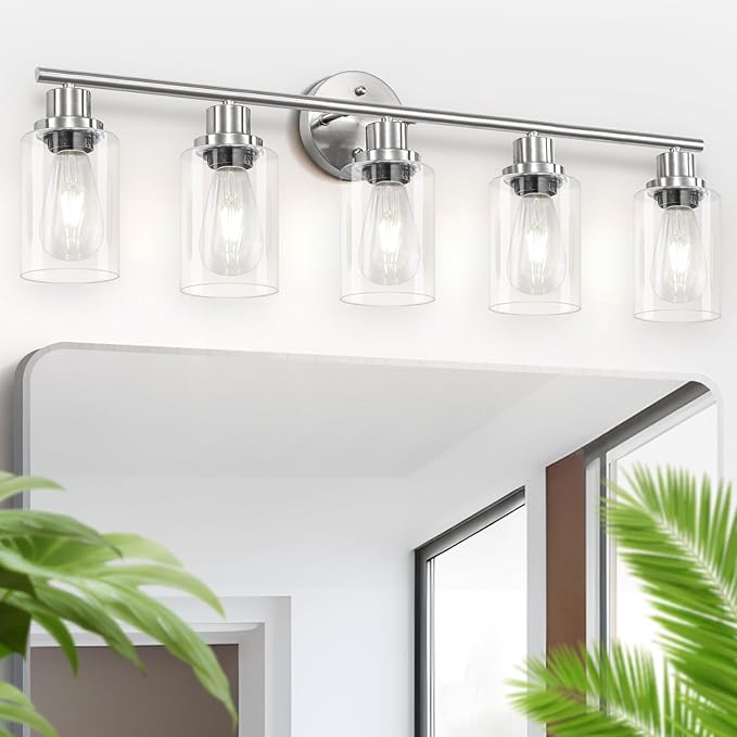 Guliaofo 5-Light Bathroom Vanity Lights, E26 Modern Brushed Nickel Bathroom