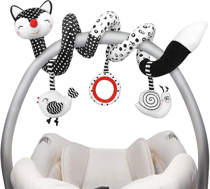 XIXILAND Baby Spiral Plush Toys, Black and White Baby Car Seat Toys, High Contrast Infant Newborn Toy 0-6 Months for Stroller Crib Mobile, Sensory Toy Best Gift for 0 3 6 9 12 Months Boys Girls