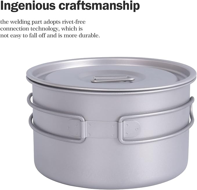 iBasingo 1.2L Titanium Soup Pot with Lid Camping Cookware with Foldable Handle Portable Lightweight Outdoor Kitchen Cooking Kit Backpacking Hiking Picnic Fishing Mountaineering Ti2106C (1 pc)
