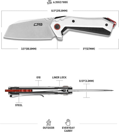 CJRB Tigris Pocket Knife, Folding Knife with AR-RPM9 Powder Steel Stonewash Blade Black & White G10 Handle for EDC Camping Hunting (J1919)