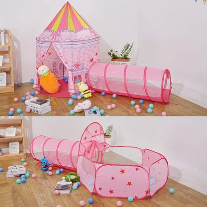 3pc Princess Fairy Tale Kids Play Tent, Oval Crawl Tunnel, Ball Pit for Toddlers, Indoor Outdoor Playhouse Castle Toys, Baby Boys Girls for 3 4 5 6 7 Years Old (Balls Not Included)