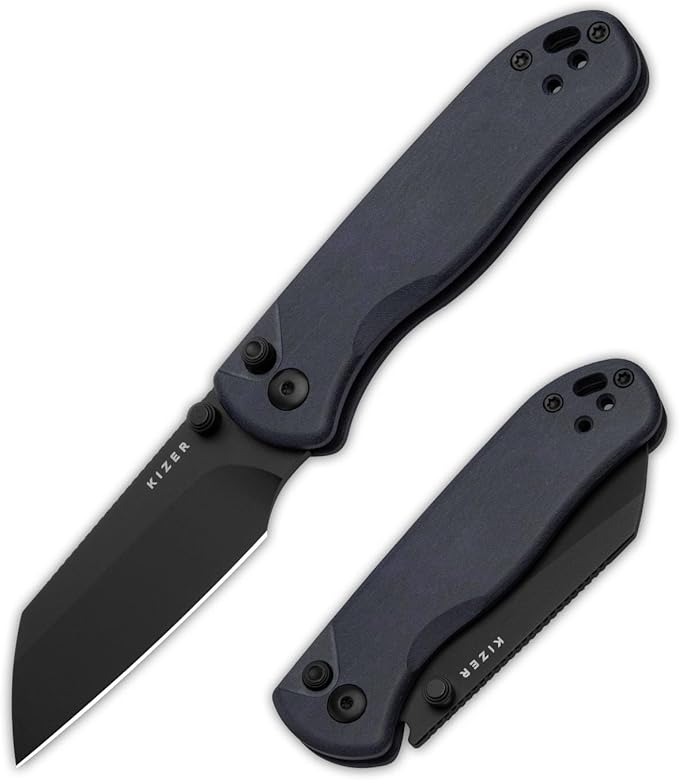 Kizer Drop Bear 2 Pocket Knife, 2.96" Nitro-V Sheepsfoot Blade Folding Knife with Blue Richlite Handle, Button Liner Lock EDC Knives with Jimping on Spine for Men Women V3619.2CS1