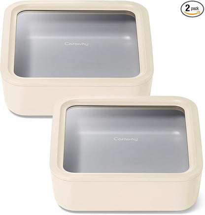 Caraway 2pc Glass Food Storage Set - 10 Cup Food Containers (2) - Ceramic Coated - Non Toxic, Non Stick Lunch Box with Lids. Dishwasher, Oven, & Microwave Safe - Cream