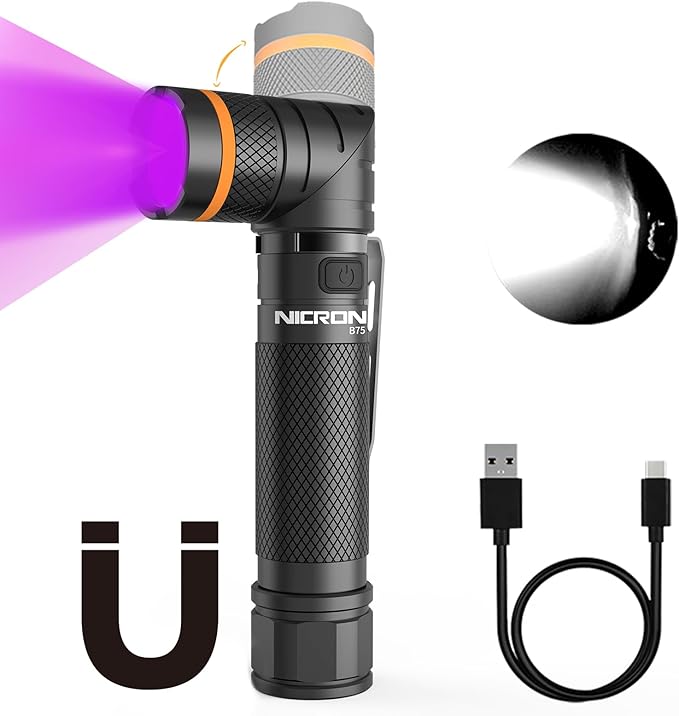 NICRON B75 High Power UV Flashlight Rechargeable LED 1000 Lumens 395nm Ultraviolet, 90 Degree 4 Modes Flashlight with Magnetic Base IP65 Waterproof for Camping Outdoor Night Walking Urine Detector