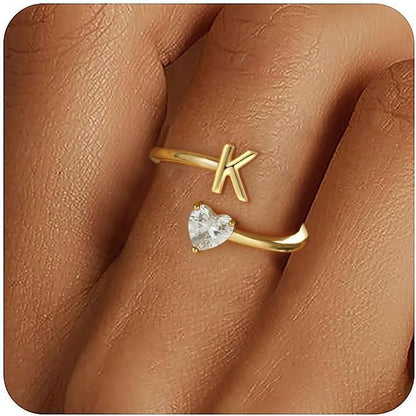 Gold Initial Rings for Women Girls - 18K Gold Plated Adjustable Letter A-Z Initial Ring Dainty Heart Zirconia Rings for Women Teen Girl Gifts