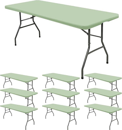 10 Pack Fitted Tablecloth for 8 Foot Rectangle Tables, Sage Green Elastic Outdoor Picnic Table Cover, Washable Stretch Folding Table Cloths 8 ft for Camping Party Patio Kitchen Banquet, 30" W x 96" L