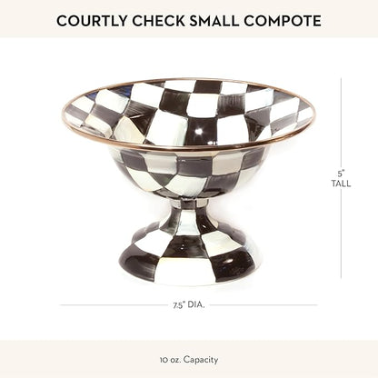 MACKENZIE-CHILDS Enamel Compote, Cute Enamel Pedestal Serving Dish or Decorative Bowl, Small, Black-and-White Courtly Check