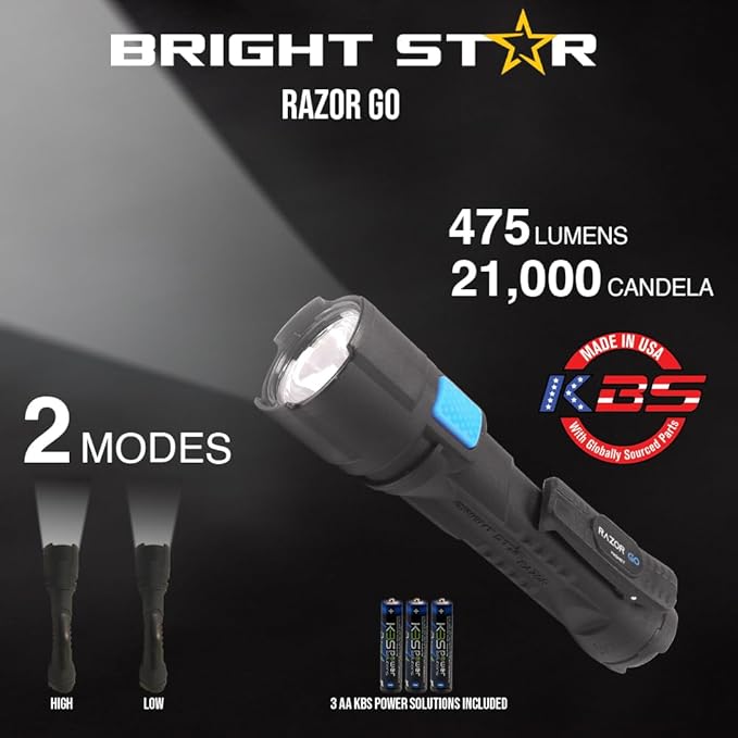 Bright Star Razor Go All-Purpose LED Flashlight ??21,000 Candela Beam, 24-Hour Runtime, Magnetic Hands-Free Base ??Heavy-Duty Utility Light with AA Batteries Included ??Made in USA