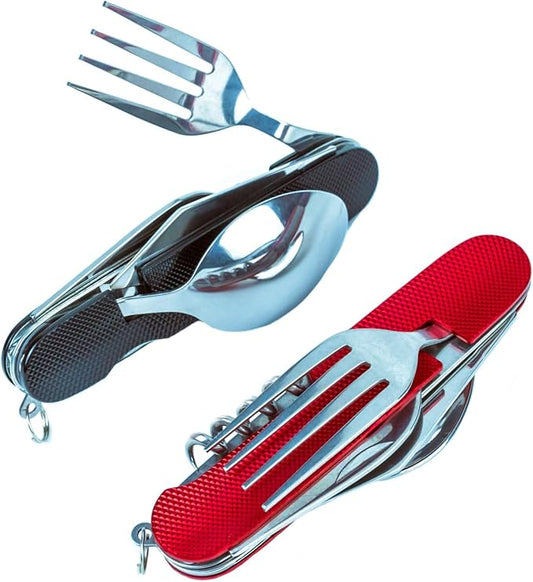 Cluck 6-in-1 Multi-Function Camping Utensil Flatware Set Detachable Spoon Fork Knife Combo Mess Kit with Carrying Pouch (Red + Black)