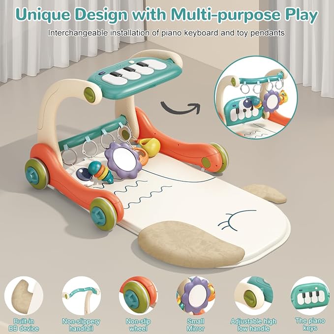 3 in 1 Baby Play Mat Gym, Kick and Play Piano Gym with Music Light, Activity Tummy Time Play mat with 5 Learning Sensory Toys, Infant Gifts for Newborn Baby Toddler 0-14 Months