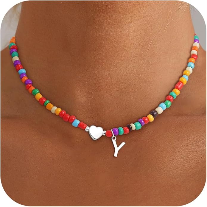 Colorful Initial Necklaces for Girls Women Kids - Teen Girls Gifts Trendy Beaded Initial Necklace Dainty Letter Gifts Choker Necklace for Girl Jewelry