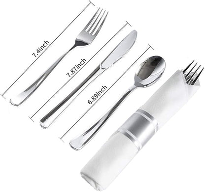 N9R 50 Pack Pre Rolled Silver Plastic Cutlery Set, 50 Forks, 50 Knives, 50 Spoons, 50 Napkins, Disposable Cutlery Set for Party and Wedding