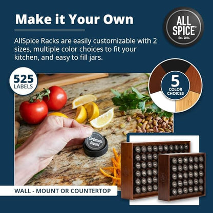AllSpice Spice Rack Organizer, 525 Unique Labels, Countertop or Wall Mount