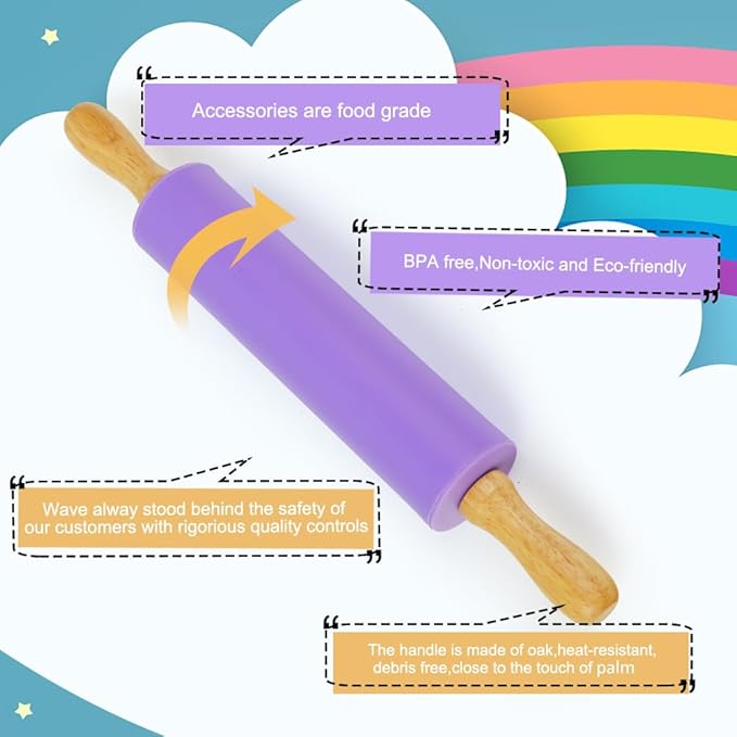 Koogel Rolling Pin for Baking, 12 Inch Non-Stick Silicone Surface, Wooden
