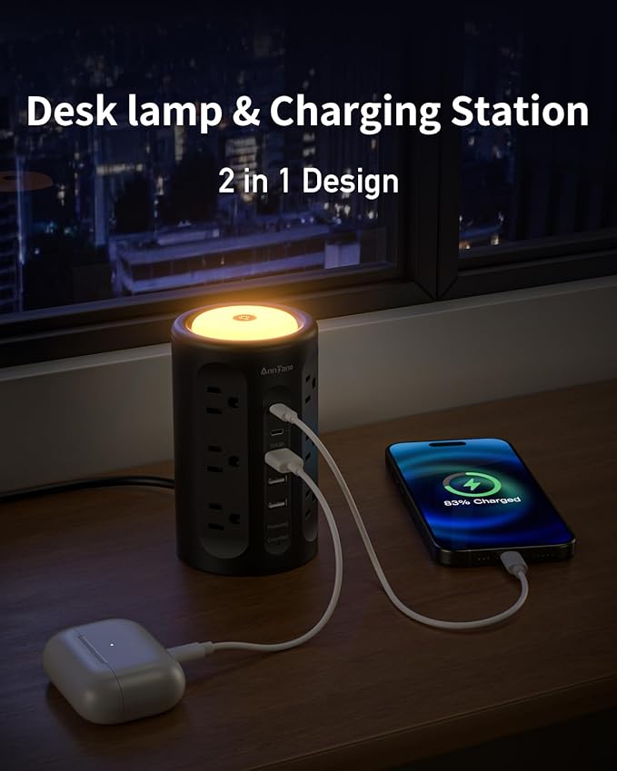 AnnTane Power Strip Tower with Night Light, Power Strip Surge Protector with