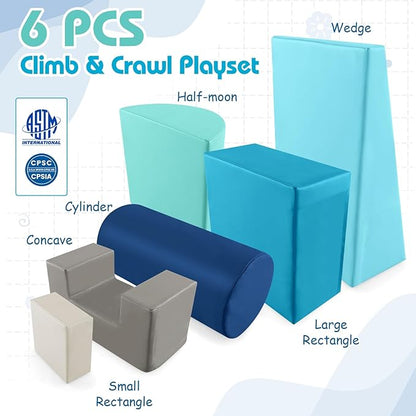Costzon Toddler Climbing, 6 Pieces Climb and Crawl Playset with PU Cover for Baby Crawling, Climbing & Walking, Indoor Foam Climbing Blocks for Toddlers (Blue)
