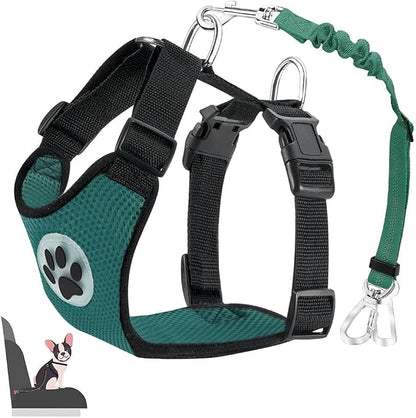 Lukovee Dog Car Harness Seat Belt, Adjustable Mesh Breathable Vest with Elastic Bungee Tether, Soft Padded 2-in-1 Safety Car Harness Seatbelt for Small Medium Large Dogs (Green,M)