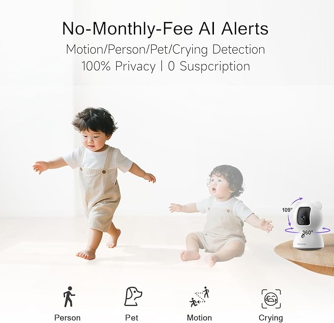 2.5K Indoor Camera 2pack, Non-Subscription AI Person/Pet/Cry Detection