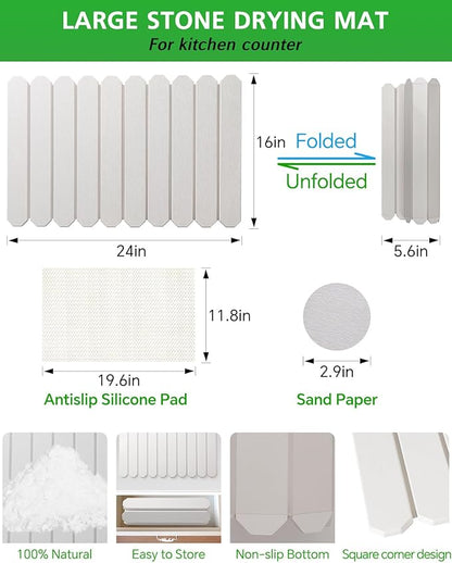 White Stone Drying Mat for Kitchen Counter, Diatomaceous Dish Drying Mat 16x24