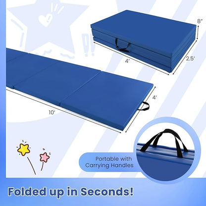 Giantex 4'x10'x 2" Gymnastics Mat, 4-Panel Folding Aerobics Exercise Mat w/Hook & Loop Fastener, Carrying Handle, Portable Tumbling Mat for Stretching Yoga Cheerleading Martial Arts