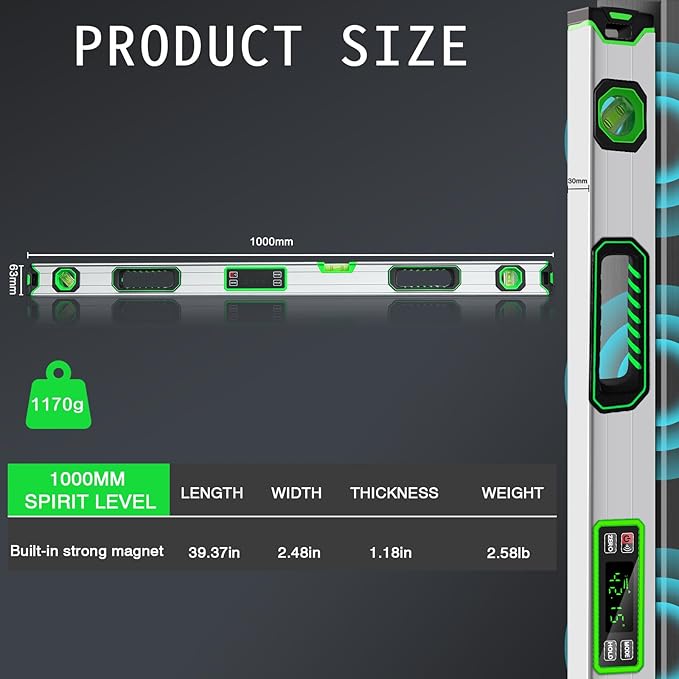 Kanayu Digital Level Digital 40'' LCD Display Magnetic Torpedo Level Tool