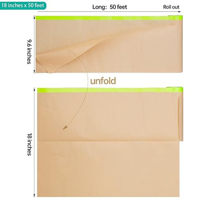 Tangibay Pre-Taped Masking Paper for Painting - 18 inch x 50 feet Tape and Drape Painters Paper, Paint Adhesive Protective Paper Roll for Covering Skirting, Frames, Cars and Auto Body (2 Rolls)
