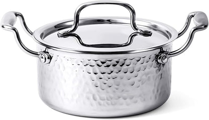 WANGYUANJI 1.8-Quart Stainless Steel Stock Pot with Lid, Small Soup/Sauce Pot, Tri-Ply Bottom, Induction Compatible, Dishwasher Safe, Hammered Finish