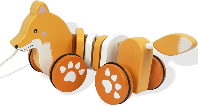 Baby Toys Car,Wooden Pull Along Toddler Toy, Developmental Toy for 1 Year Old Girl Boy Birthday Gift (Fox)