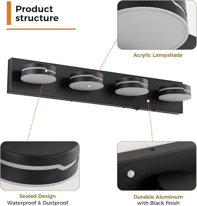 26In Motion Sensor Vanity Light, Matte Black 3CCT 4-Light Modern LED Bathroom