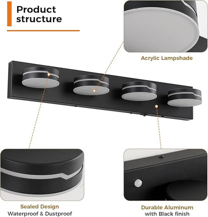 26In Motion Sensor Vanity Light, Matte Black 3CCT 4-Light Modern LED Bathroom