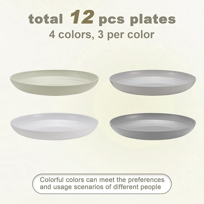 12 Pcs Unbreakable Deep Dessert Plates Set, 8 inch Reusable Plastic Wheat Straw Plates, Microwave and Dishwasher Safe Plate for Kitchen, Lightweight Plate for Dessert, BPA Free, 4 Colors