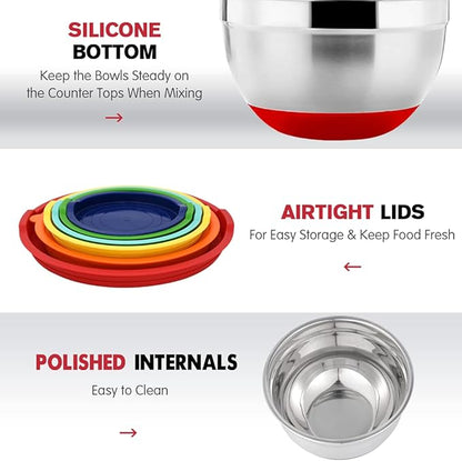 Rottay Mixing Bowls with Airtight Lids, Nesting Bowls with 3 Grater Attachments