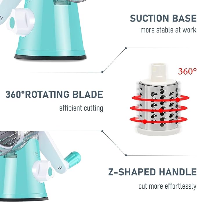 KEOUKE Rotary Cheese Grater Hand Crank Light Blue - Shredder Slicer Grinder 3 Stainless Steel Blades, Stable Suction, Labor-Saving Handle, Safe Kitchen Tool for Cheese, Vegetable, Nuts, Chocolate