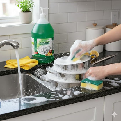 GreenFist Dish Soap Ultimate Kitchen Kit – Pump, Towel, Sponges & Scrubbers, Complete Cleaning Bundle – 1 Gallon, Lemon Scent (1 Gallon + Ultra Scrubber & Sponge)