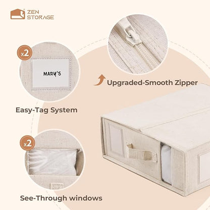 8Pack Linen Sheet Organizers for Linen Closet - King/Queen Size Bedding Storage Boxes with Clear Window | Foldable, Dustproof Sheet Storage Organizer for Blankets & Sheet Sets,Off-white