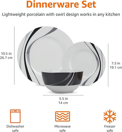 Amazon Basics Dinnerware Set, Microwave and Dishwasher Safe, Service for 6, 18-Piece Complete Kitchen, Plates, Dishes, Bowls, Swirl