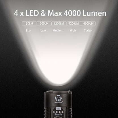 RovyVon S23 Flashlight Super Bright 4000 Lumen,Long Lasting Rechargeable Searchlight with Simple Mechanical Rotary Switch,Magnetic Work Flashlights IPX8 Waterproof for Home,Hunting,Searching,Rescue