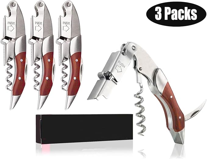 Professional Waiter Corkscrew Wine Key for Bartenders Set of 3,With Long Rosewood Handle Stainless Steel Handle Wine Opener for Bar Restaurant Waiters, Sommelier, Bartend (Rose Wood 3 Packs)