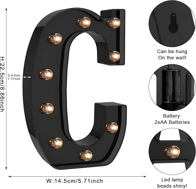 Foaky Black LED Letter Lights for Room Decor - Bedroom Wall Decor, Alphabet Lights for Home, Wedding, Party - Battery Operated （C）