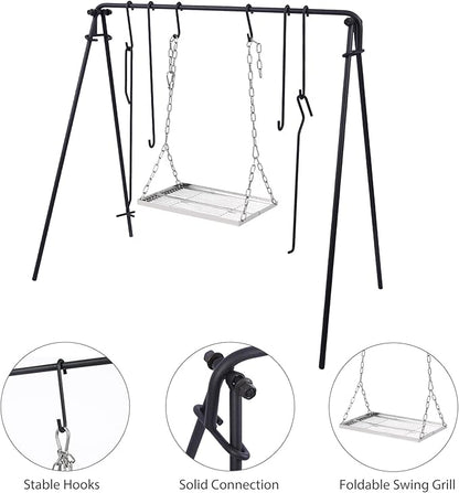 REDCAMP Swing Campfire Grill Stand - Collapsible Campfire Cooking Rack with 6 Hooks & Stainless Steel Grill Grate, Portable Dutch Oven Hanger for Outdoor Camping, Cookware, Bonfire, Rectangle ﻿