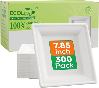 ECOLipak 7.85 Inch Compostable Square Paper Plates, 300 Count Heavy Duty Paper Plates, Eco Friendly Disposable Sugarcane for Party, Daily