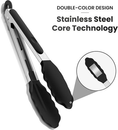600℉ Heat Resistant Kitchen Tongs for Cooking with Silicone Tips,Maywe Tanso 9-Inch Stainless Steel Locking Cooking Tongs Food Tongs for BBQ,Cooking,Salad and Serving Food,Heavy Duty,Non-Stick(Black)