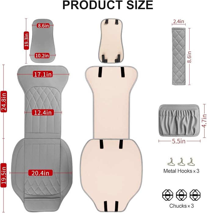 1 Pack Leather Front Car Seat Cover, Universal Sideless Car Seat Protector with Storage Pocket and Seat Belt Pad, Waterproof Automotive Seat Cover Cars Trucks SUV(Grey)