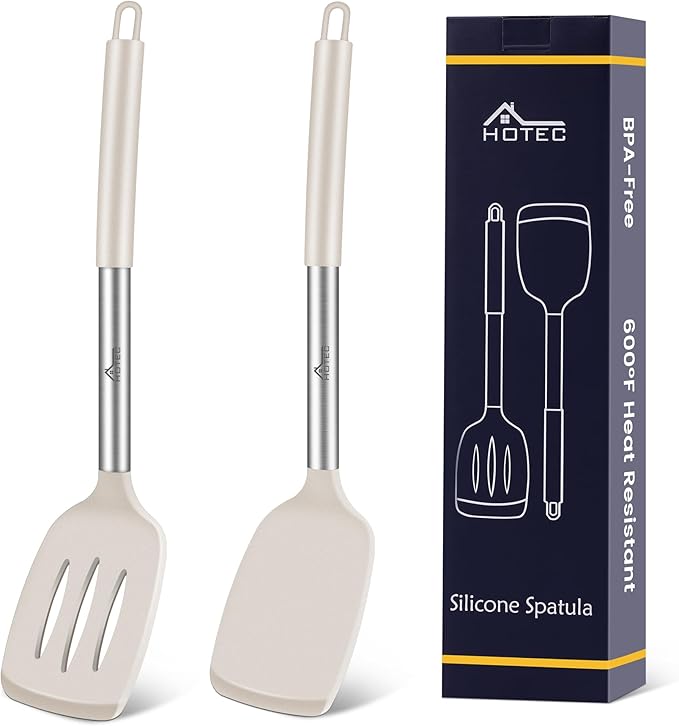 HOTEC Silicone Spatula Set of 2 Heat-Resistant 600°F & BPA-Free Kitchen SaptulaTurner with Stainless Steel Handles, Slotted & Solid Spatulas for Nonstick Cookware, 13.7 Inch, Khaki