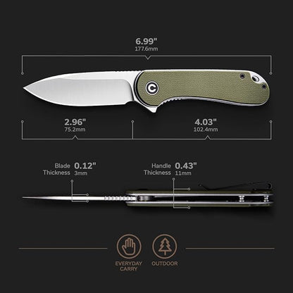 CIVIVI Knives Elementum Folding Pocket Knife 2.96" D2 Satin Blade,G-10 Handles C907E (Green)