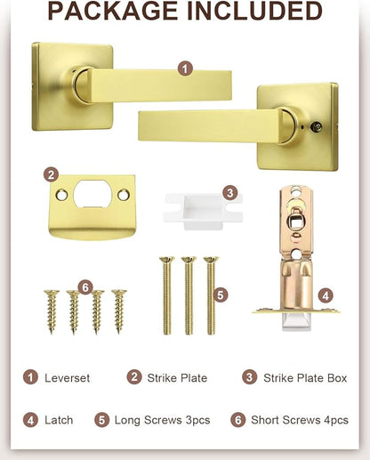 Mengico 4 Pack Passage Door Levers Gold Finish, No-Locking Keyless Square Door