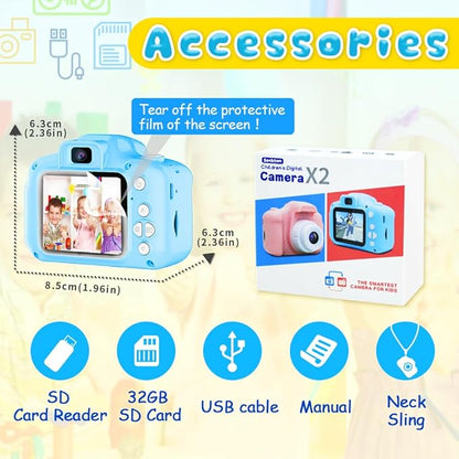 Seckton Upgrade Kids Selfie Camera, Christmas Birthday Gifts for Boys Age 3-9, HD Digital Video Cameras for Toddler, Portable Toy for 3 4 5 6 7 8 Year Old Boy with 32GB SD Card-Blue