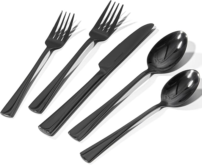 KINGSTONE 18/10 Stainless Steel Flatware, 20-Piece Forged Silverware Set for 4, Mirror Polished Cutlery Set Dishwaher Safe for Home, Restaurant, Wedding, Party, Black