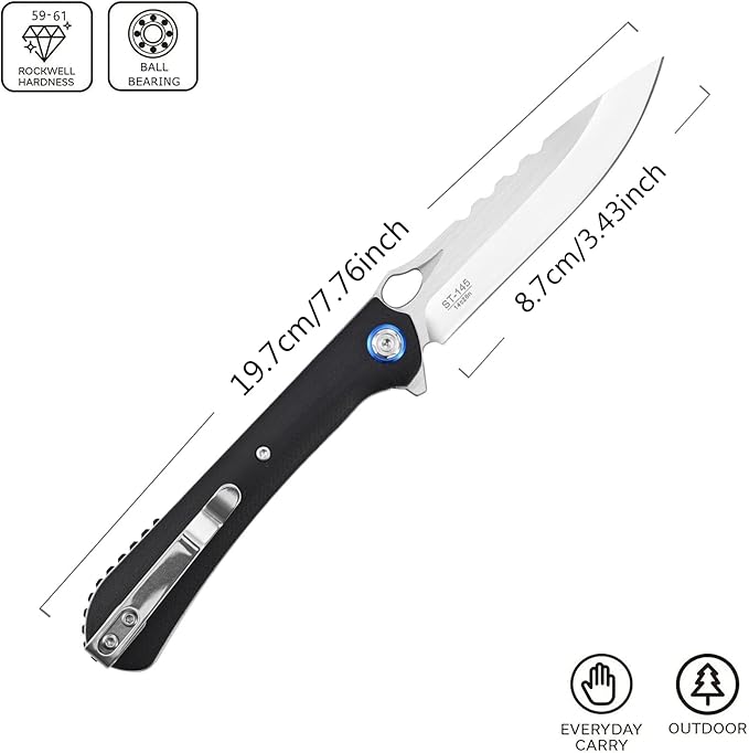 Sitivien ST145 Folding Pocket Knife,14C28N Steel Blade,G10 Handle EDC Tool Knife for Outdoor Survival,Camping,Hiking,Hunting(Black) …